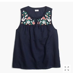 J. Crew Navy Embroidered Tie-Neck Top